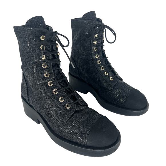 Chanel 2022 CC Logo Glitter Combat Boots Black Runway Virginie Viard 38.5 - Picture 2 of 16
